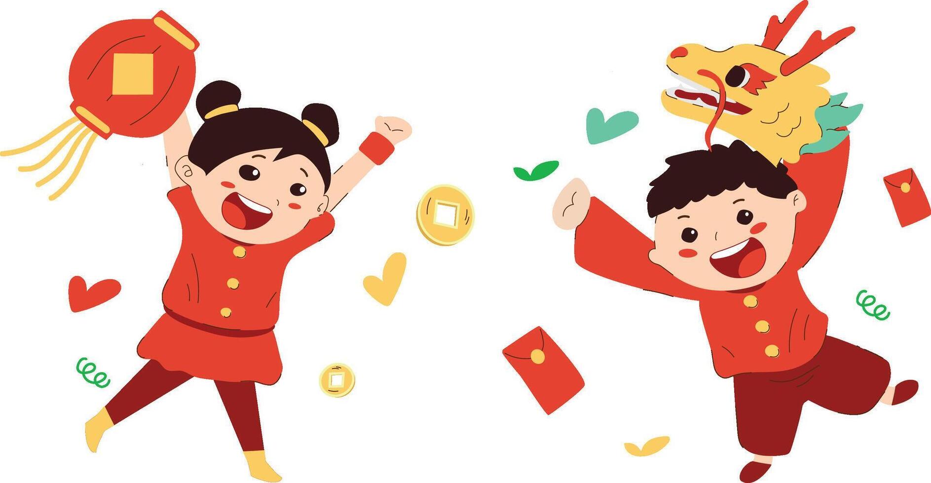 Happy children celebrating chinese new year 2024, year of the dragon flat vector illustration