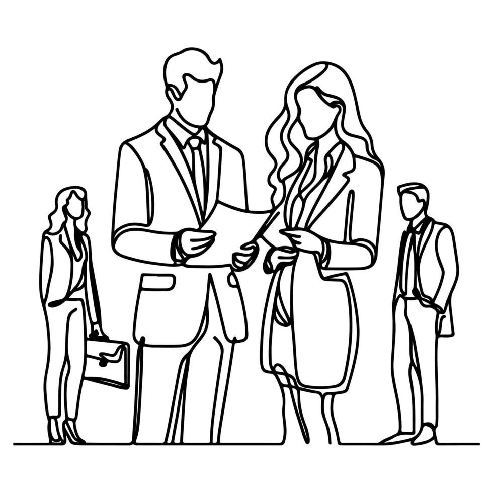 AI generated Business discussion of man and woman standing talking about document and holding document. continuous one line art drawing of business meeting with handshake vector