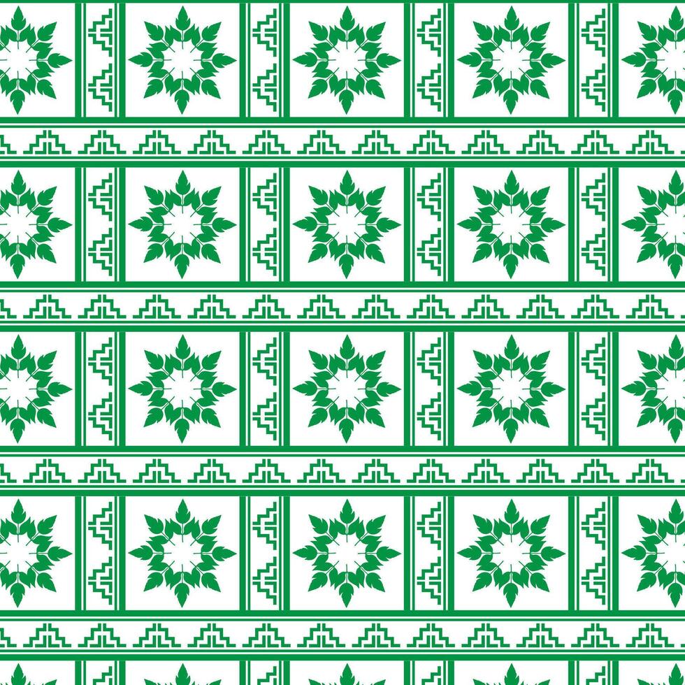 Tribal traditional fabric batik ethnic of ikat floral seamless pattern of green leaves Spring Blossom Vector Design on a white background