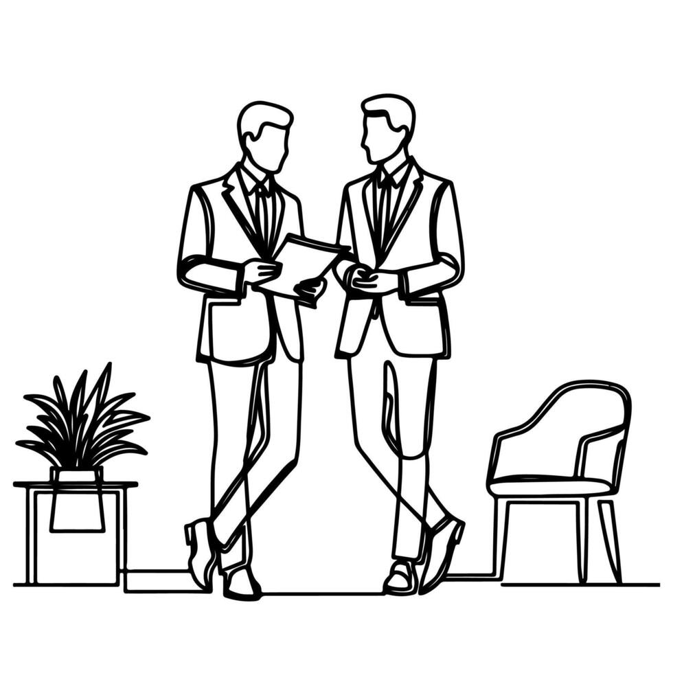AI generated Business discussion of man and woman standing talking about document and holding document. continuous one line art drawing of business meeting with handshake vector