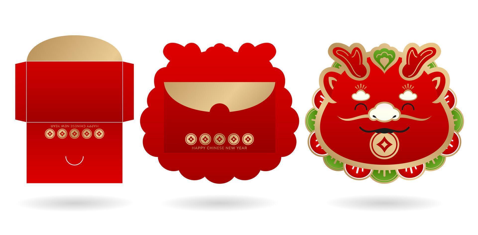 Chinese New Year set of red envelopes. Vector illustration on dragon face isolated white backgrounds for greeting cards, angpao, letterpress golden foil envelopes, oriental festival stickers labels