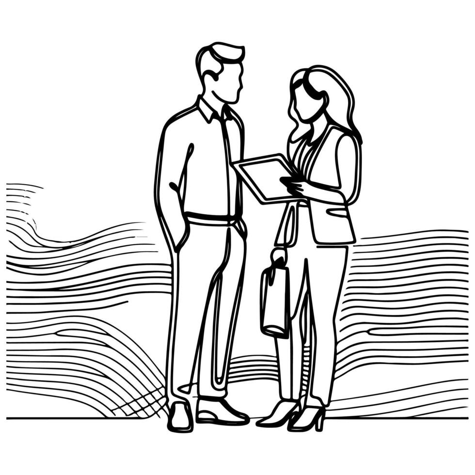 AI generated Business discussion of man and woman standing talking about document and holding document. continuous one line art drawing of business meeting with handshake vector