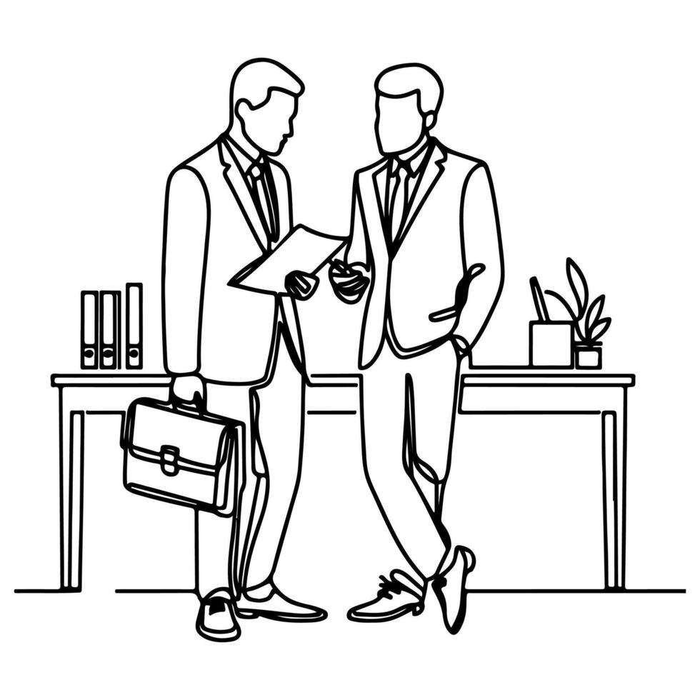 AI generated Business discussion of man and woman standing talking about document and holding document. continuous one line art drawing of business meeting with handshake vector