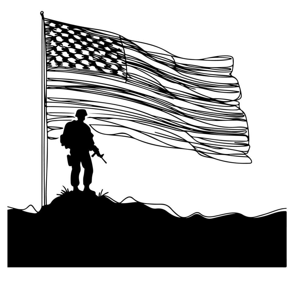 Continuously drawing one black line silhouette of soldier standing at mountain with American flag. Happy National Memorial Day and Veterans Day with copy space for text vector illustration