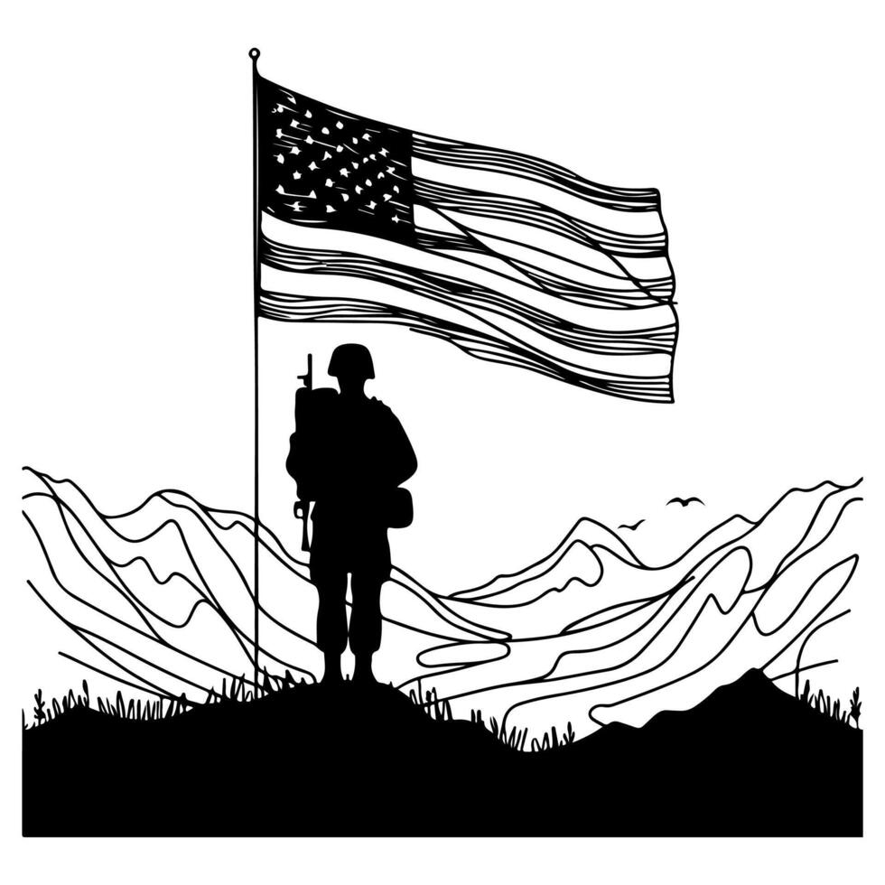 Continuously drawing one black line silhouette of soldier standing at mountain with American flag. Happy National Memorial Day and Veterans Day with copy space for text vector illustration