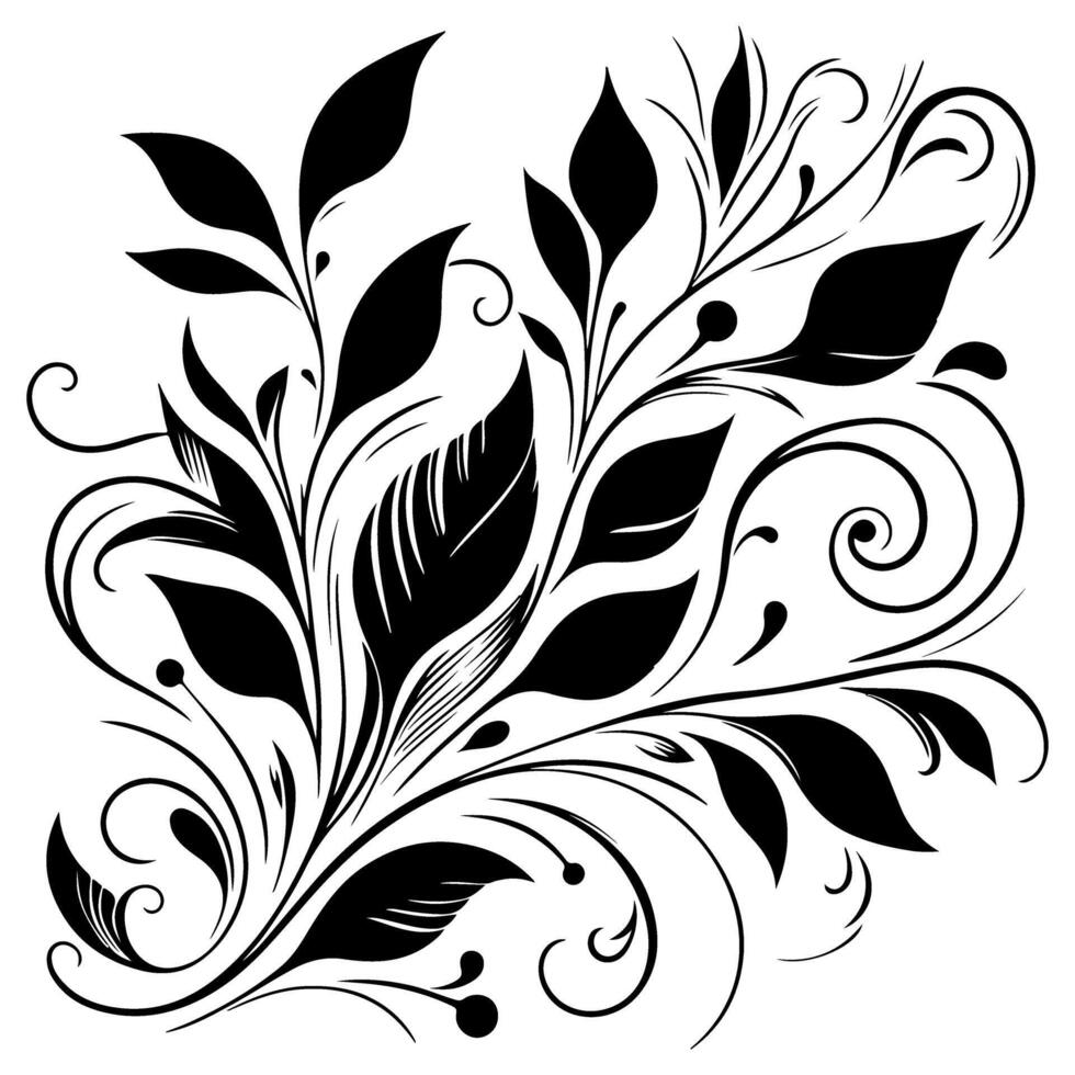 AI generated hand draw of beautiful floral ornament with leaves and abstract black lines monochrome Contour Flower. Floral Design Element vector