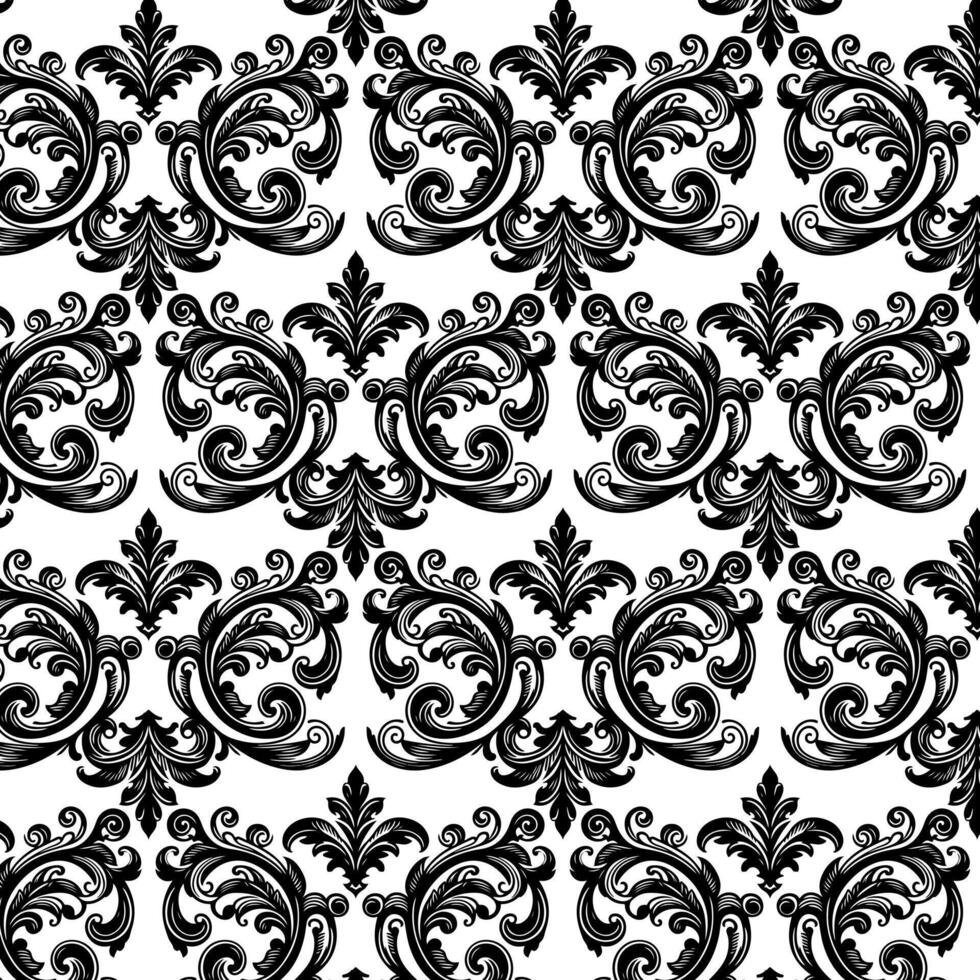 Damask Fabric textile seamless pattern Luxury decorative  Ornamental floral divider Black line vintage decoration element white Background. Curtain, carpet, wallpaper, clothing, wrapping, textile vector