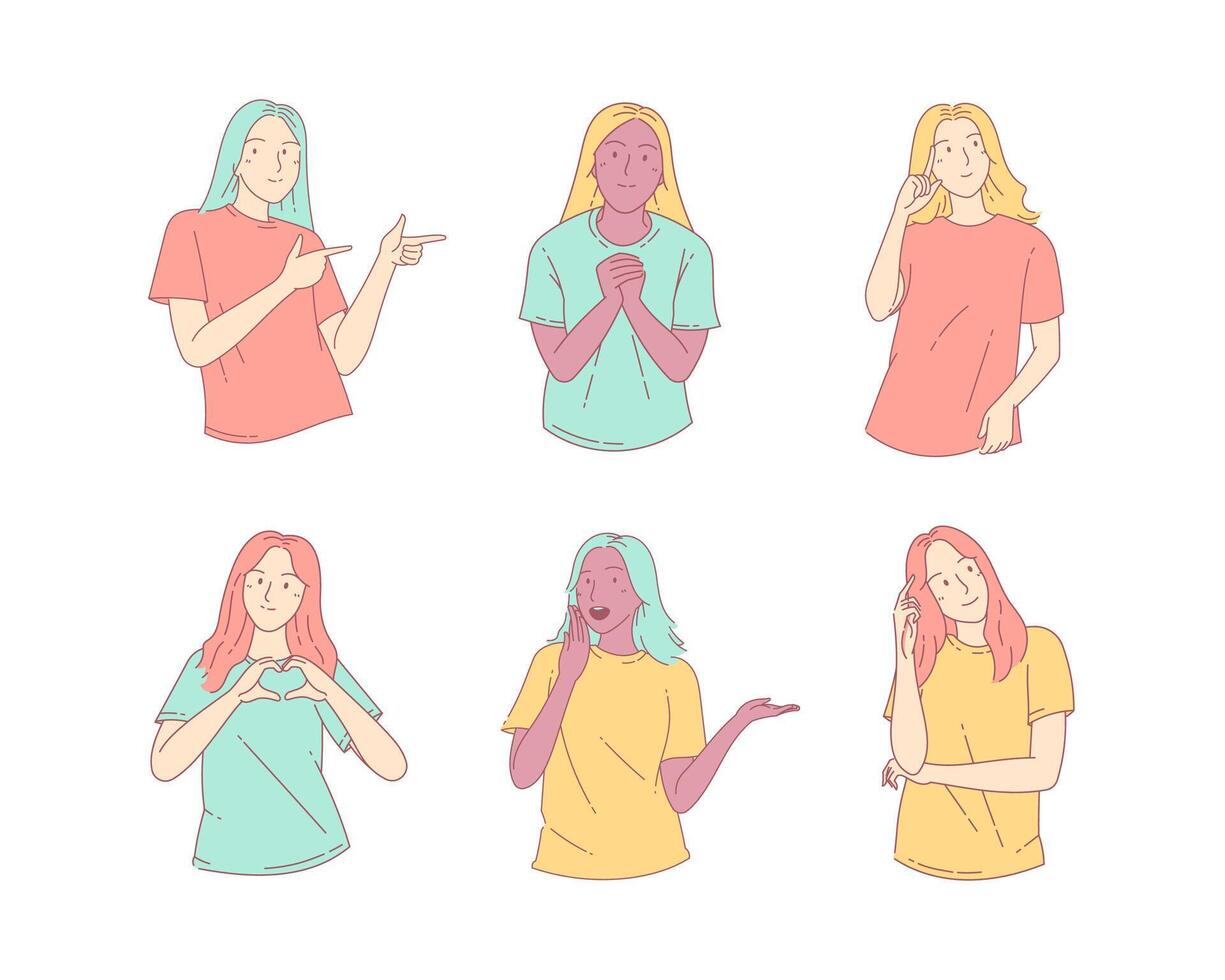 Various behavior pose happy expression woman character. Hand drawn line art style vector design illustrations.