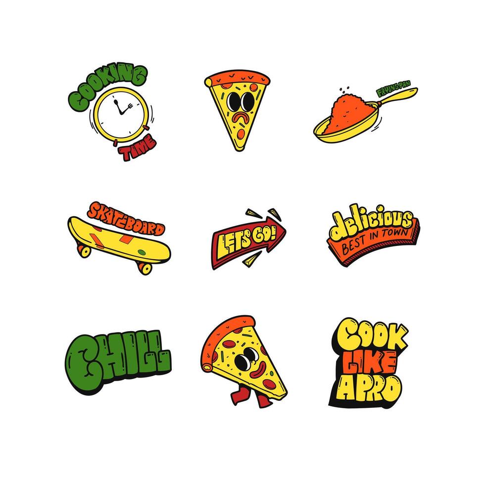 de moda pizza, cocinando, patineta en retro Clásico mascota personaje recopilación. vector