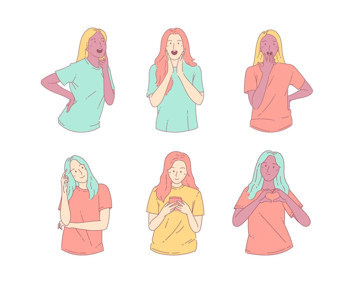 Various behavior pose happy expression woman character. Hand drawn line art style vector design illustrations.