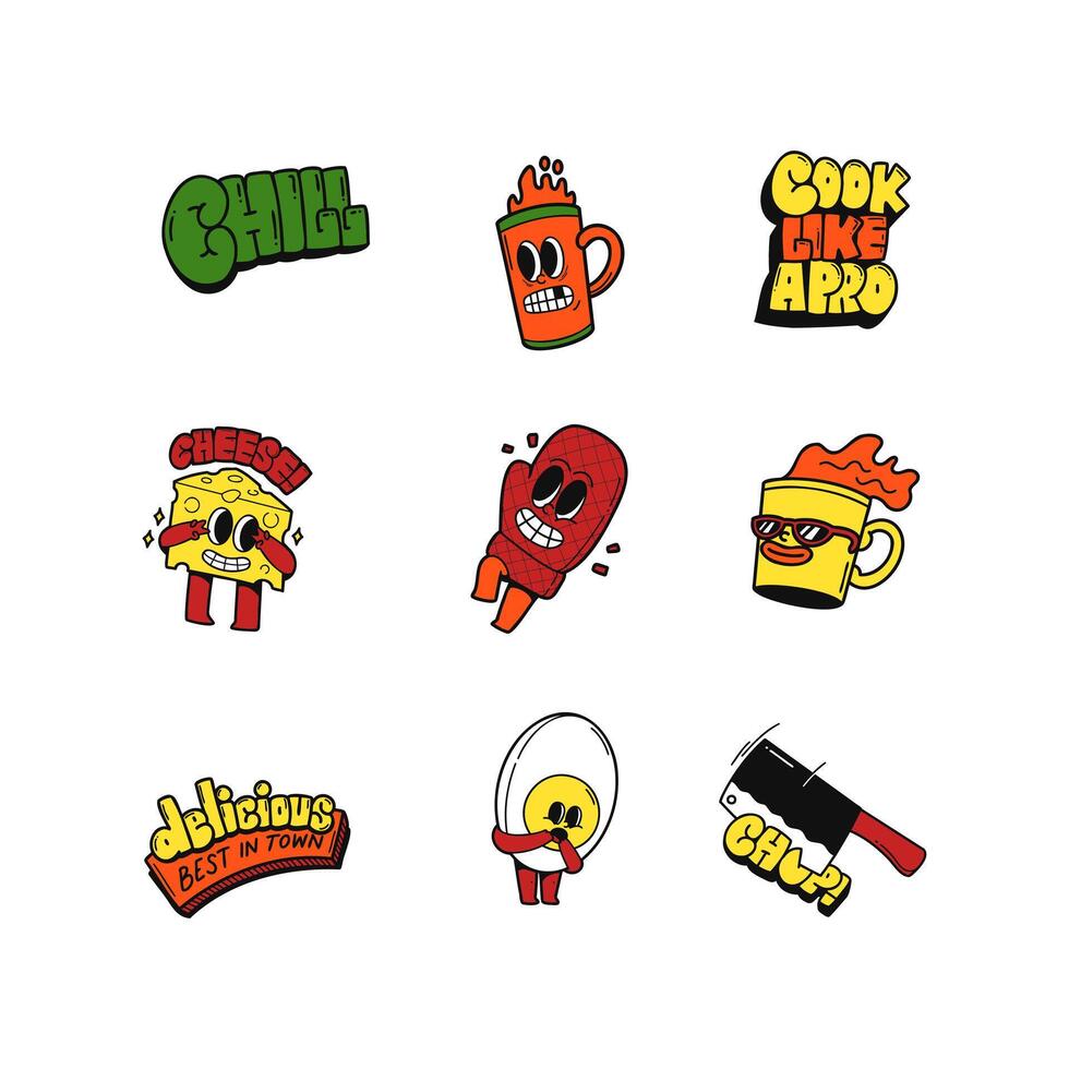 Trendy cooking mascot cartoon character retro vintage vector collection.