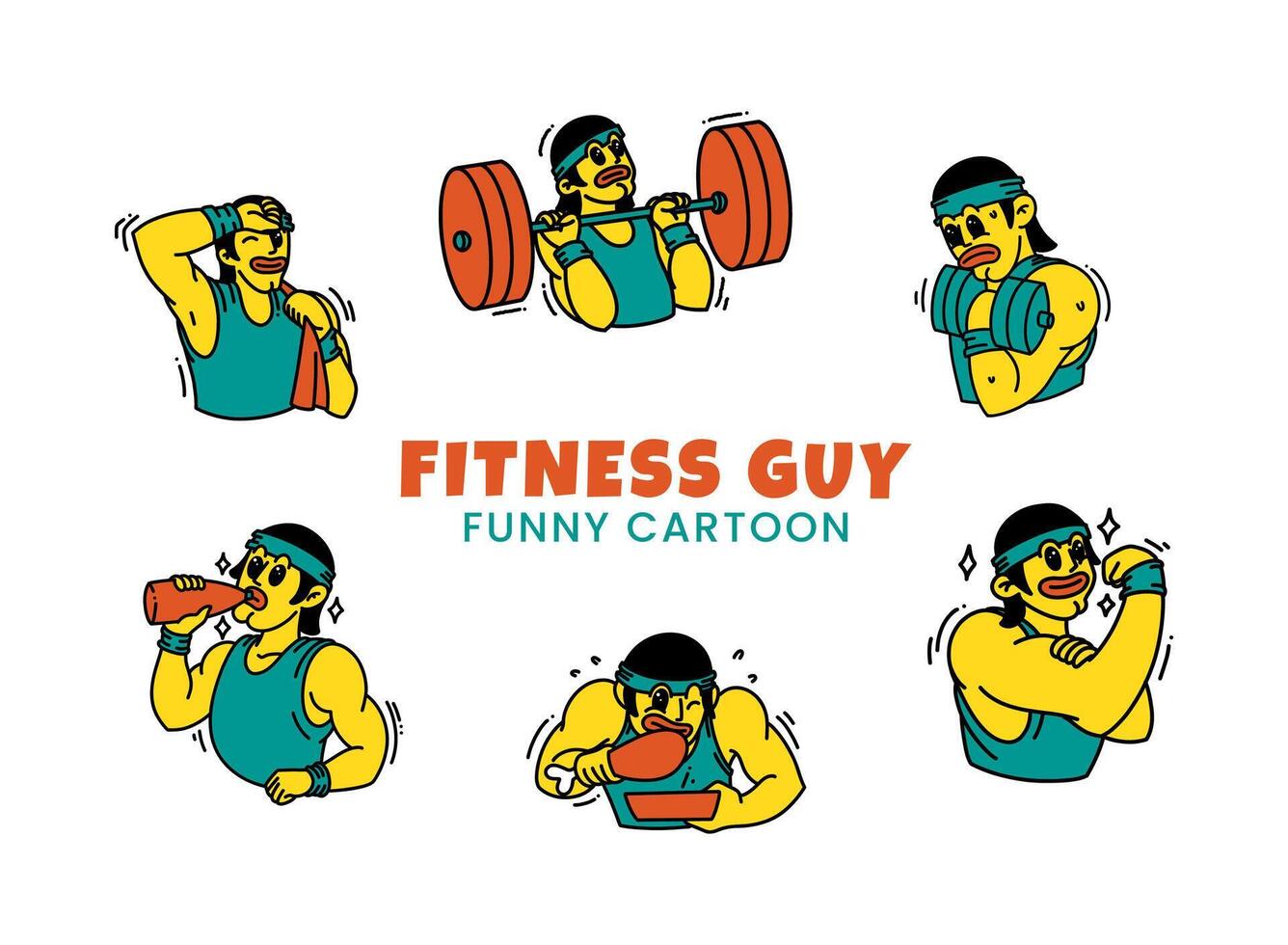 Fitness guy retro vintage cartoon vector set illustration