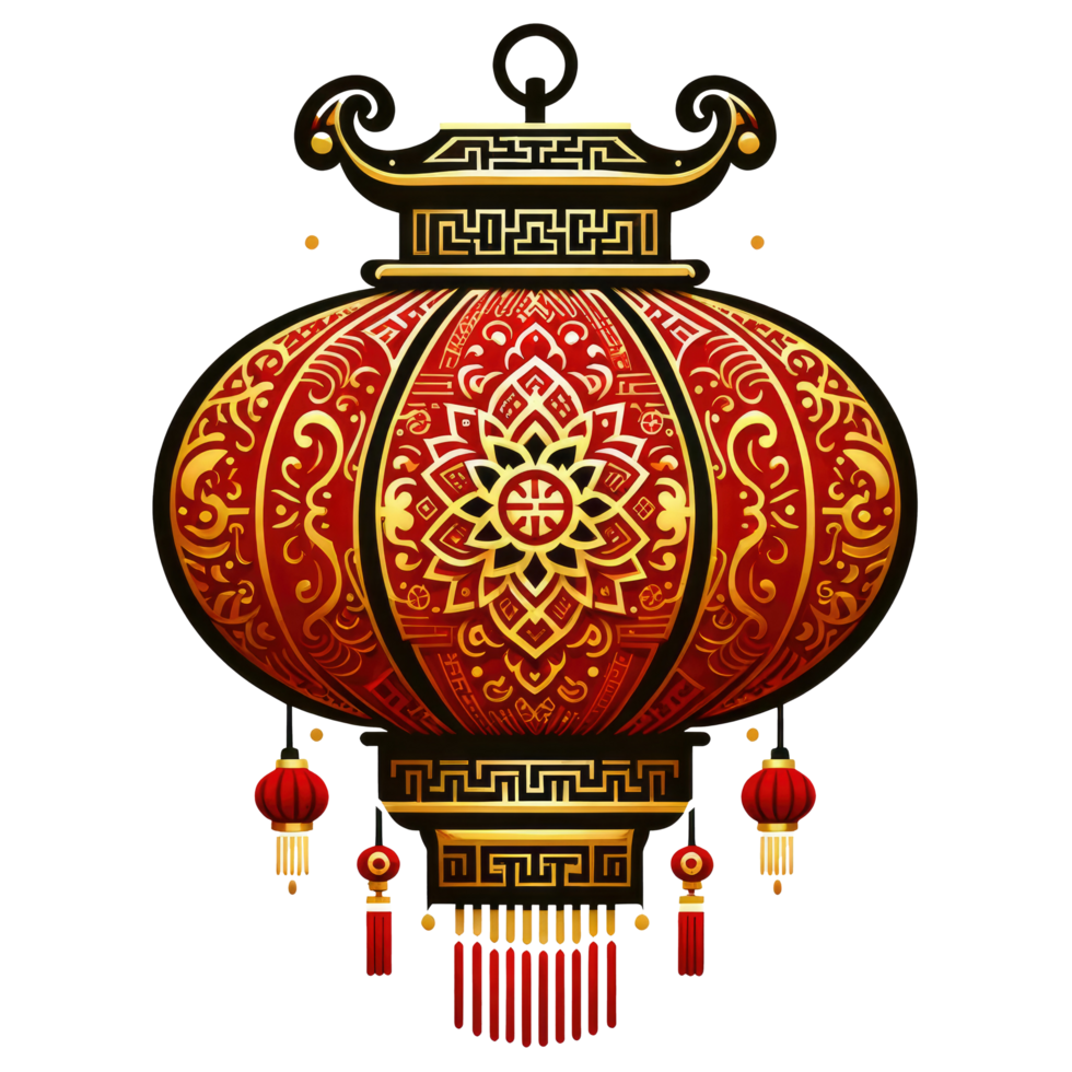 AI generated A detailed illustration of a Chinese lantern in red and gold, ornately designed with symbols and patterns, often associated with joy and celebration. png