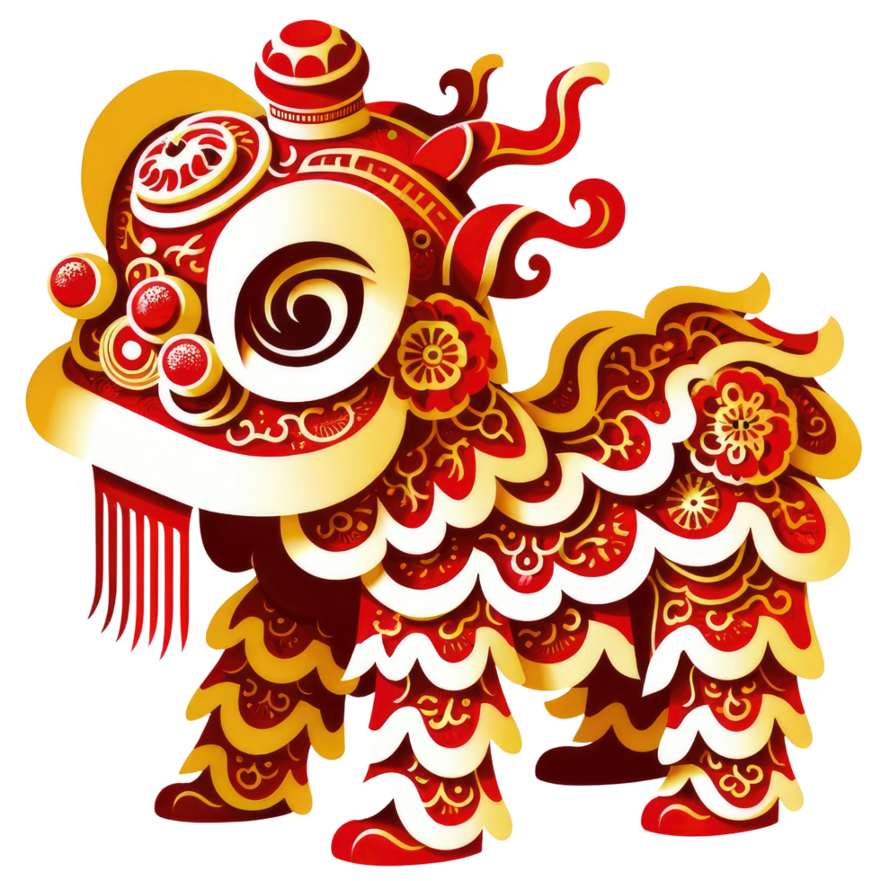 AI generated Traditional Chinese red lion dance paper illustration, featuring red and gold colors. png
