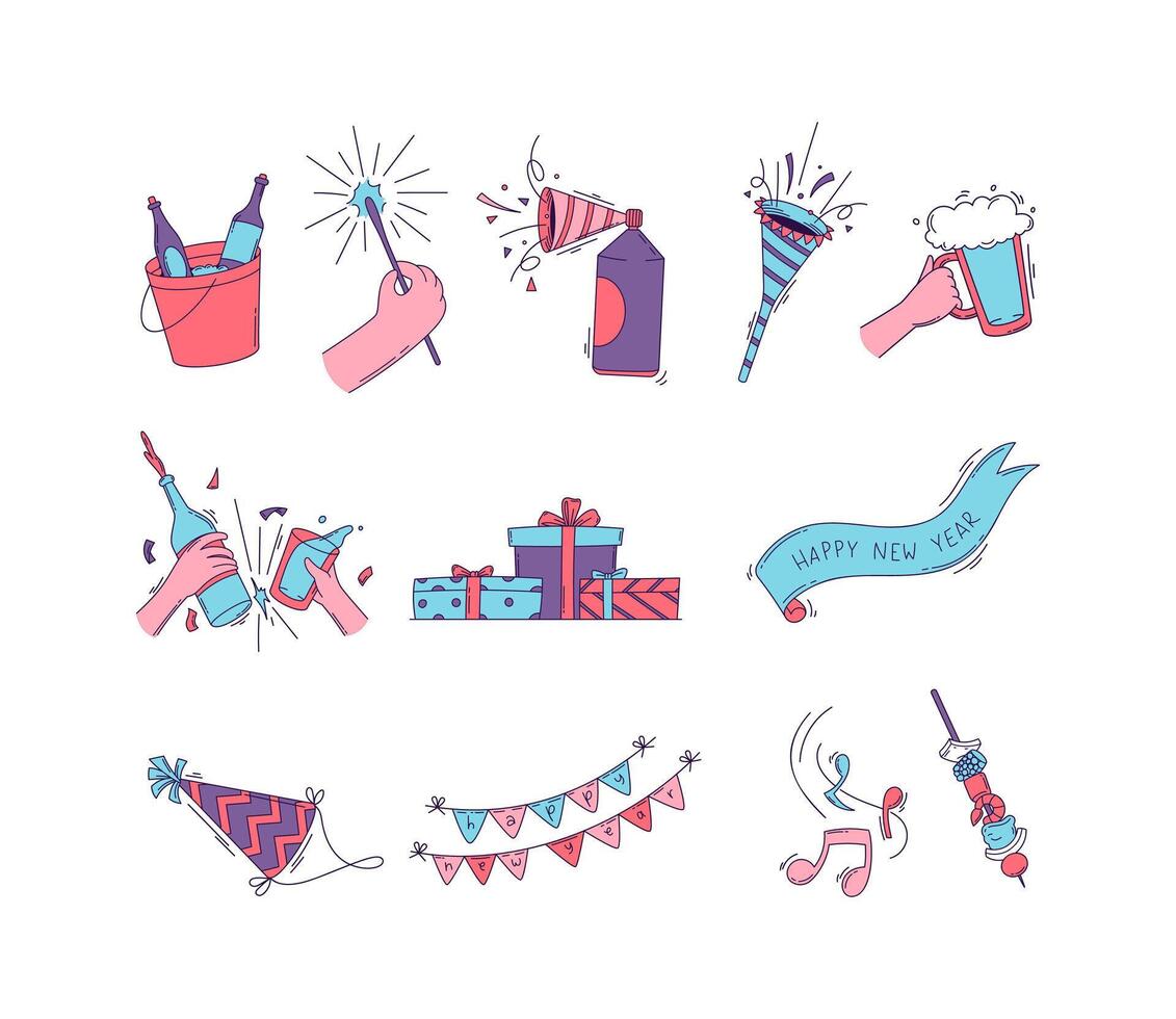 Happy new year party celebration doodle vector set illustration