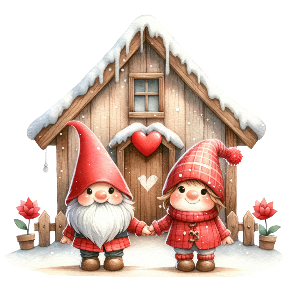 AI generated Watercolor Gnome couple express their love on Valentine's Day png