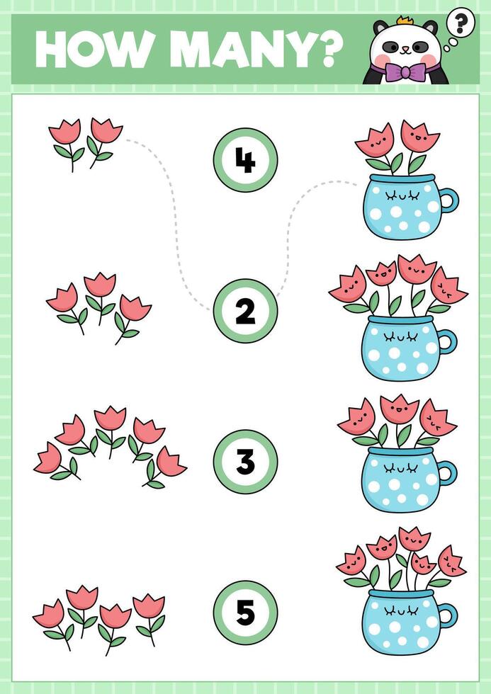 Spring matching game with cute kawaii tulips in cup. Garden math activity for preschool kids. Educational printable Easter counting worksheet with cartoon flowers in pot vector