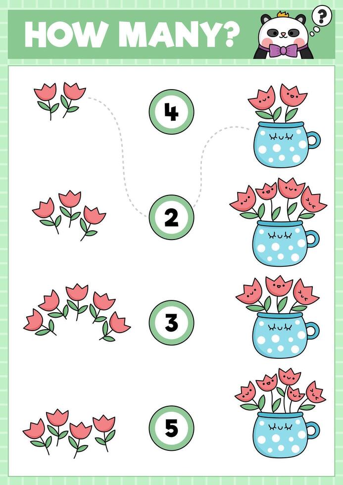 primavera pareo juego con linda kawaii tulipanes en taza. jardín matemáticas actividad para preescolar niños. educativo imprimible Pascua de Resurrección contando hoja de cálculo con dibujos animados flores en maceta vector