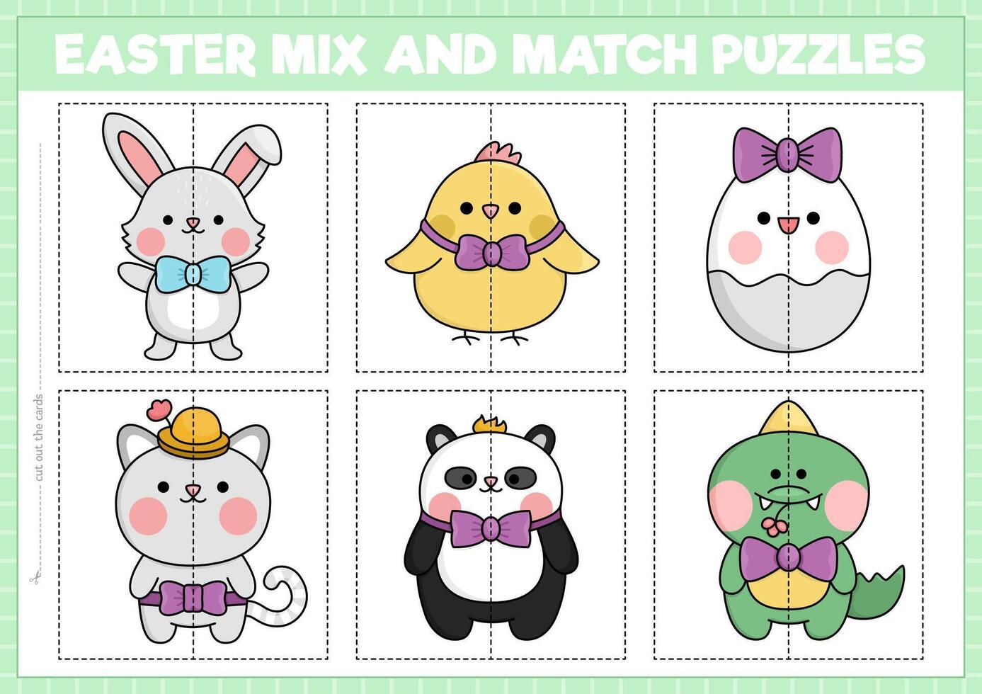 Vector Easter mix and match puzzle with cute kawaii characters. Matching spring holiday activity for preschool kids. Educational garden game with bunny, egg, chick, cat, panda bear, crocodile