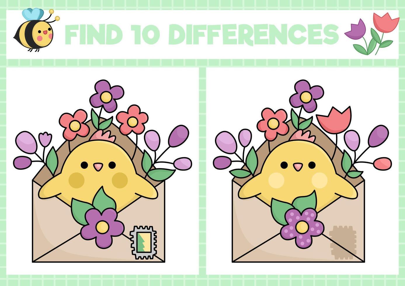 Spring kawaii find differences game for children. Attention skills activity with cute chick in envelope with flowers. Garden puzzle for kids with funny character. Printable what is different worksheet vector