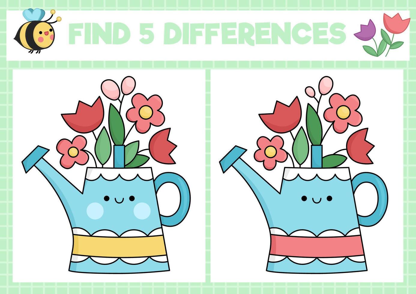 Garden kawaii find differences game for children. Attention skills activity with cute watering can and flowers. Spring holiday puzzle for kids. Printable what is different worksheet vector