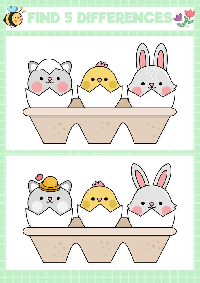 Easter kawaii find differences game for children. Attention skills activity with cute hatching animals. Spring holiday puzzle for kids with funny characters. Printable what is different worksheet vector