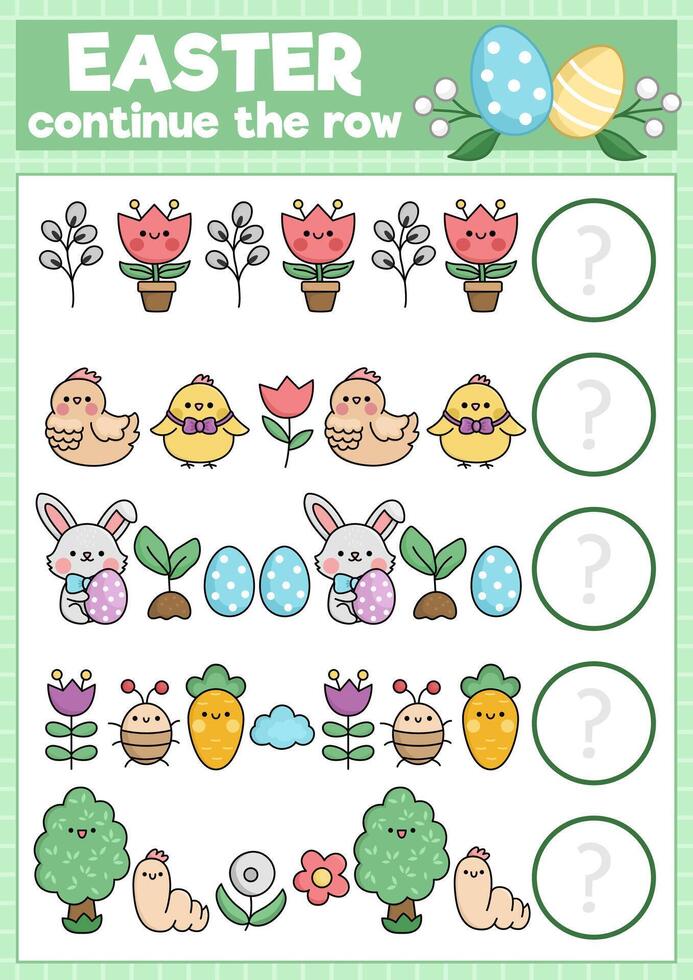 What comes next. Easter matching activity for preschool children with traditional holiday symbols. Funny kawaii puzzle. Spring holiday logical worksheet. Continue the row game vector