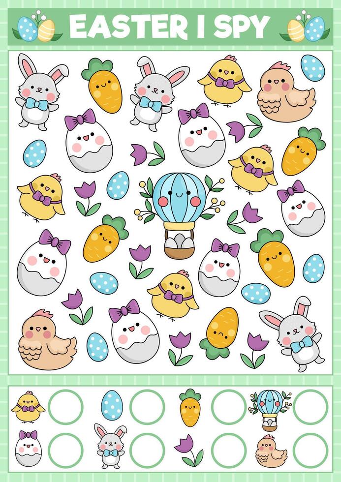 Easter I spy game for kids. Searching and counting activity with cute kawaii holiday symbols. Spring printable worksheet for preschool children. Simple garden spotting puzzle with bunny, eggs vector