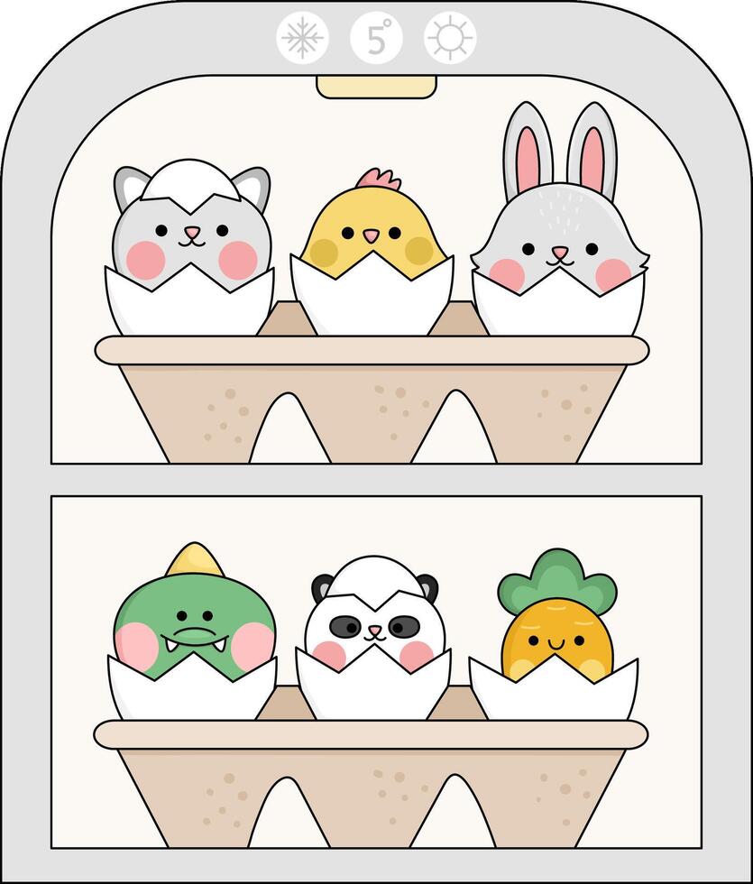 Vector kawaii fridge with egg packaging and hatching animals inside. Easter illustration with cute cat, chick and bunny sitting in eggshell. Cute spring icon for kids