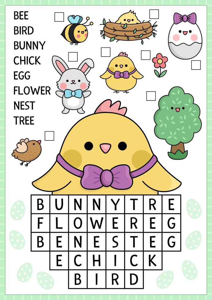 Vector Easter egg shaped word search puzzle for kids. Spring holiday quiz for children. Educational activity with kawaii symbols. Cute English language cross word with hatching chick, bunny