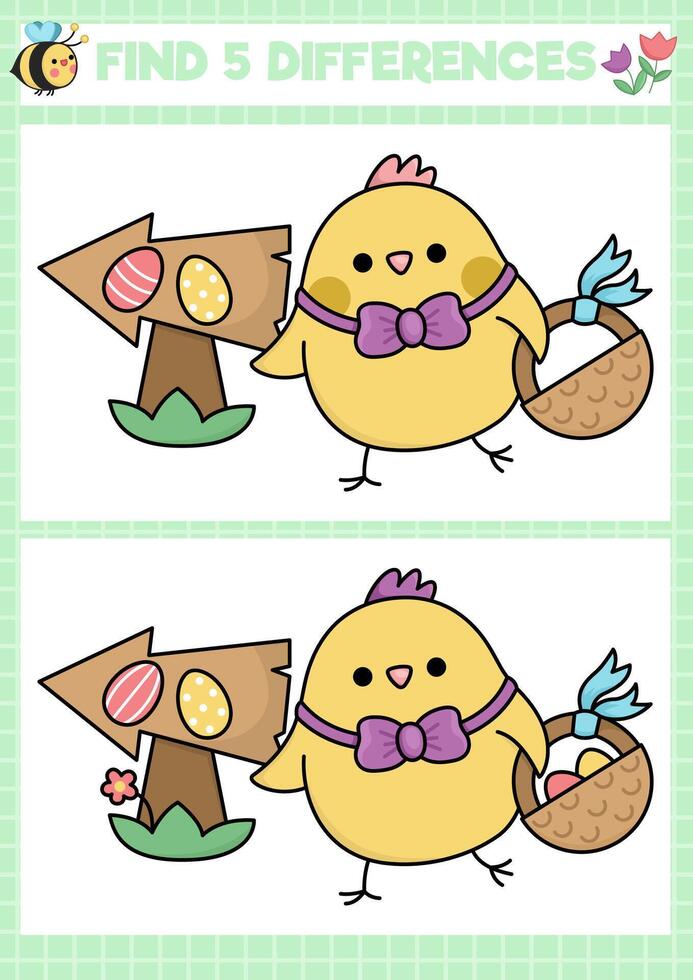 Easter kawaii find differences game for children. Attention skills activity with cute chicken going on egg hunt with basket. Spring holiday puzzle for kids. Printable what is different worksheet vector