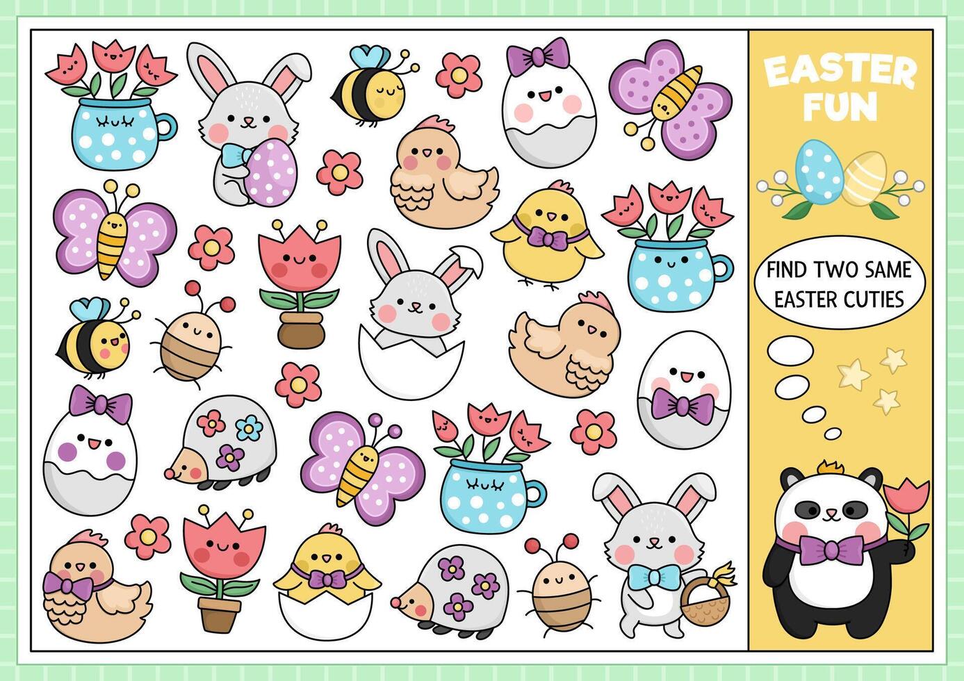 Find two same kawaii cuties. Easter matching activity for children. Spring holiday educational quiz worksheet for kids for attention skills. Simple printable game with egg, animals, flowers vector