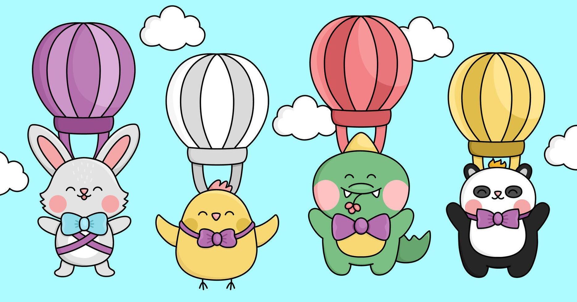 Vector kawaii Easter scene with animals flying on hot air balloons in the sky. Spring cartoon illustration. Cute scenery for kids with bunny, chick, crocodile, panda bear