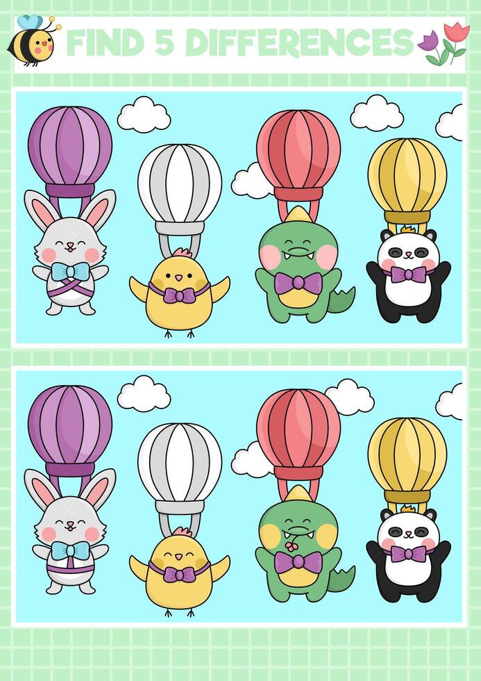 Pascua de Resurrección kawaii encontrar diferencias juego para niños. atención habilidades actividad con linda caliente aire globos con animales volador en el cielo. primavera fiesta rompecabezas. imprimible qué es diferente hoja de cálculo vector