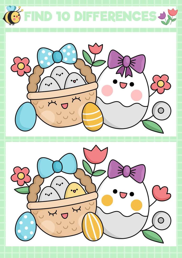 Easter kawaii find differences game for children. Attention skills activity with cute basket, eggs, flowers. Spring holiday puzzle for kids. Printable what is different worksheet vector