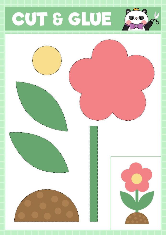Vector spring cut and glue activity. Crafting game with cute cartoon flower. Fun simple printable worksheet. Find the right piece of the puzzle. Garden complete the picture