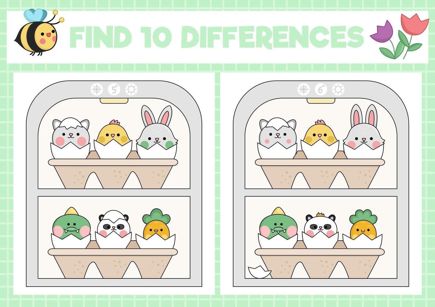 Easter kawaii find differences game for children. Attention skills activity with cute hatching animals. Spring holiday puzzle for kids with characters in fridge. Printable what is different worksheet vector