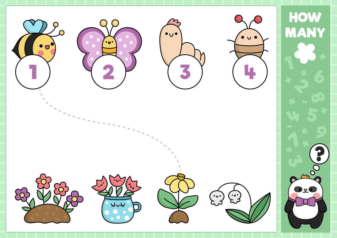 primavera pareo juego con linda kawaii flores y insectos elemental jardín matemáticas actividad para preescolar niños. educativo imprimible Pascua de Resurrección contando hoja de cálculo con dibujos animados caracteres vector