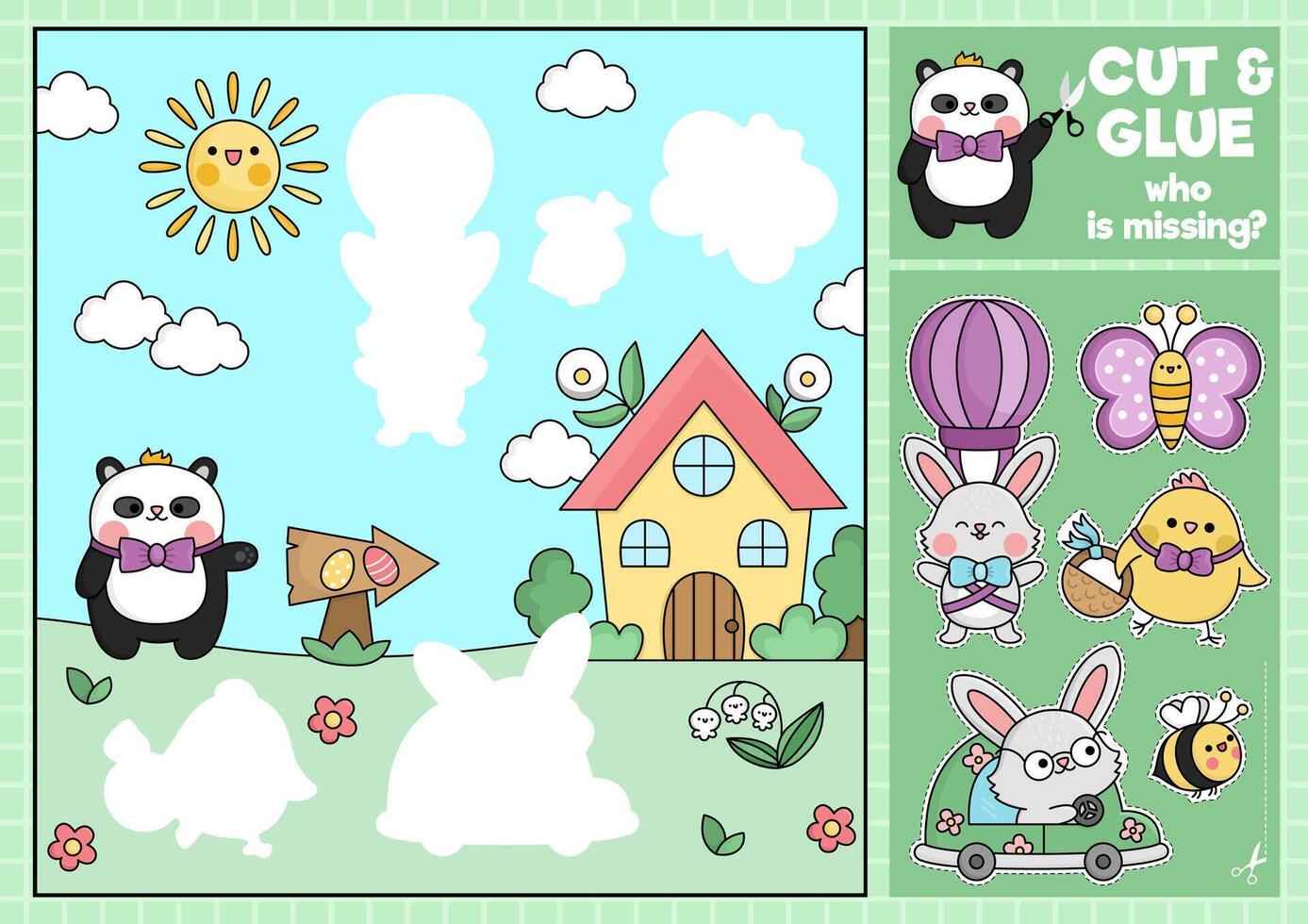 Vector Easter cut and glue activity. Crafting game with cute kawaii egg hunt scene. Fun spring holiday printable worksheet. Find the right piece of the puzzle. Complete the picture with chick, bunny