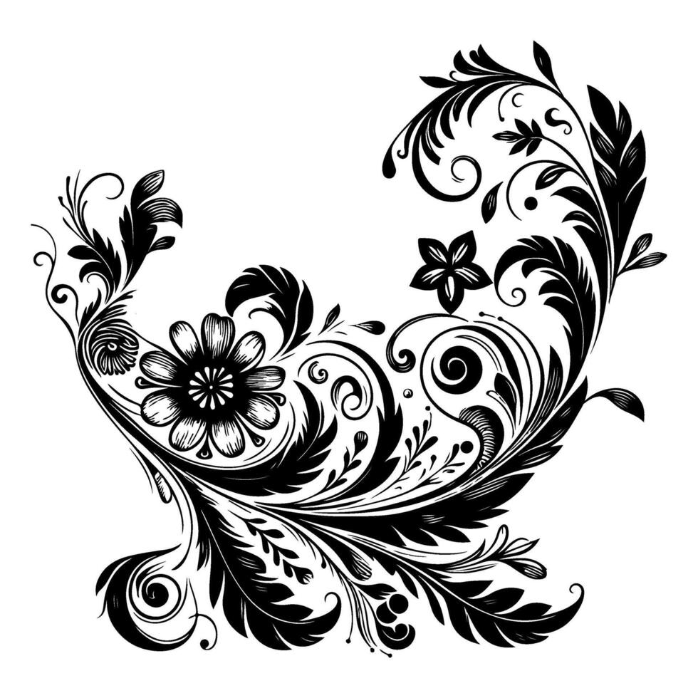 AI generated hand draw of beautiful floral ornament with leaves and abstract black lines monochrome Contour Flower. Floral Design Element vector