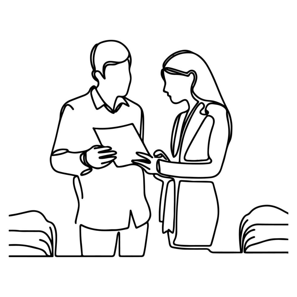 AI generated Business discussion of man and woman standing talking about document and holding document. continuous one line art drawing of business meeting with handshake vector