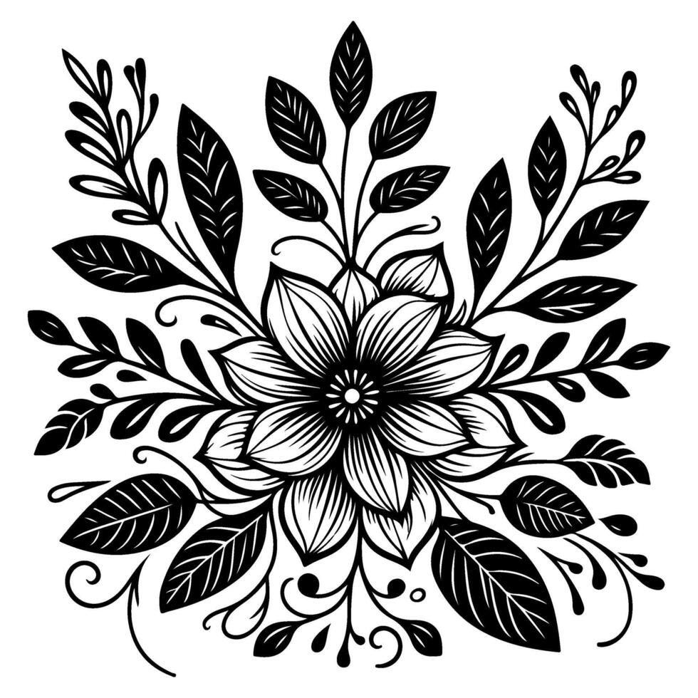 AI generated hand draw of beautiful floral ornament with leaves and abstract black lines monochrome Contour Flower. Floral Design Element vector