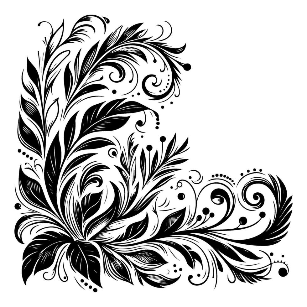 AI generated hand draw of beautiful floral ornament with leaves and abstract black lines monochrome Contour Flower. Floral Design Element vector