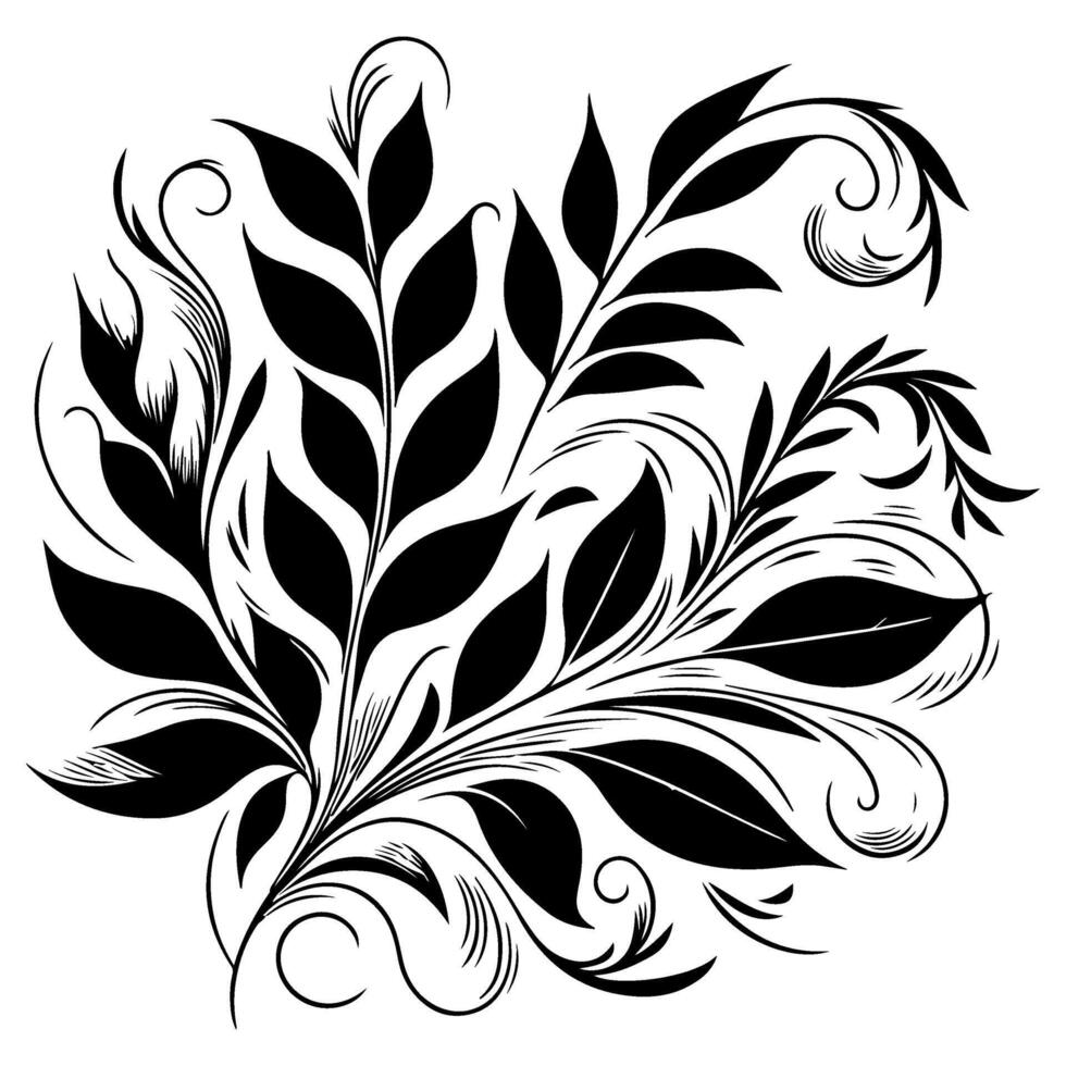 AI generated hand draw of beautiful floral ornament with leaves and abstract black lines monochrome Contour Flower. Floral Design Element vector