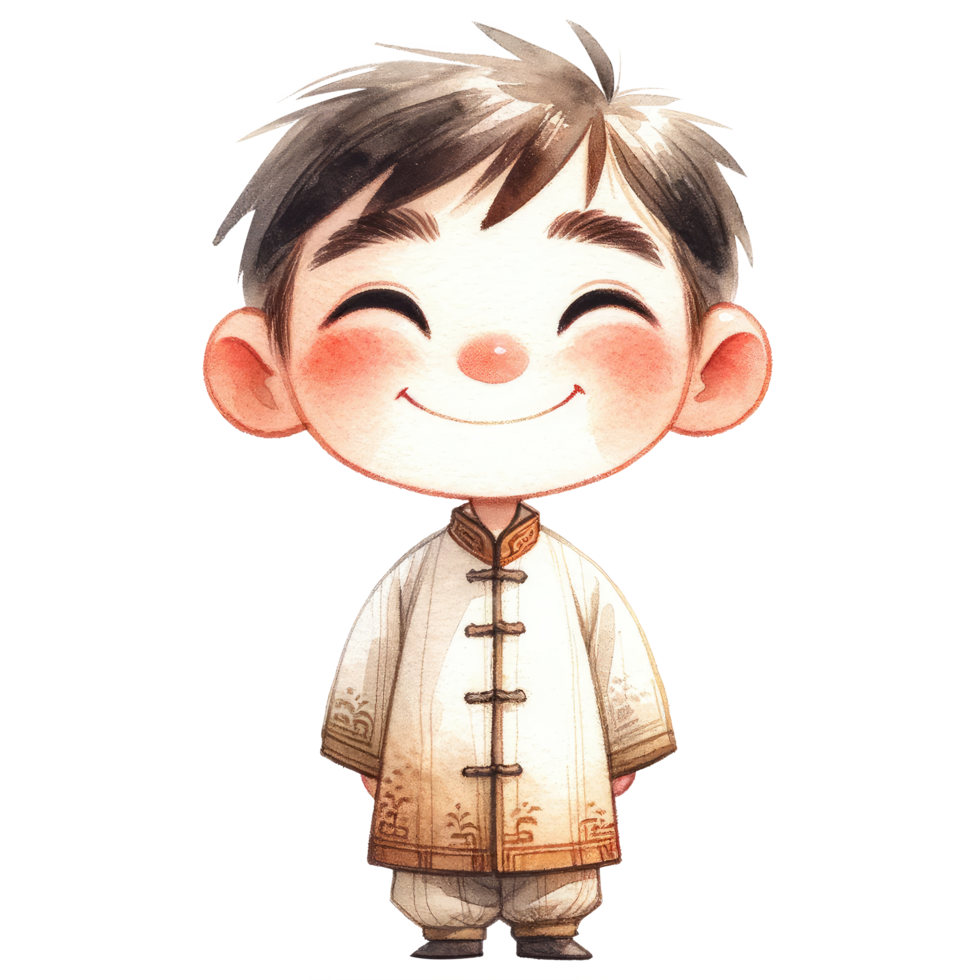 AI generated A delightful illustration of a young boy dressed in a traditional white Chinese outfit with intricate patterns, celebrating cultural heritage. png