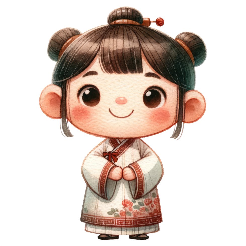 AI generated A delightful illustration of a young girl dressed in a traditional white Chinese outfit with intricate patterns, celebrating cultural heritage. png