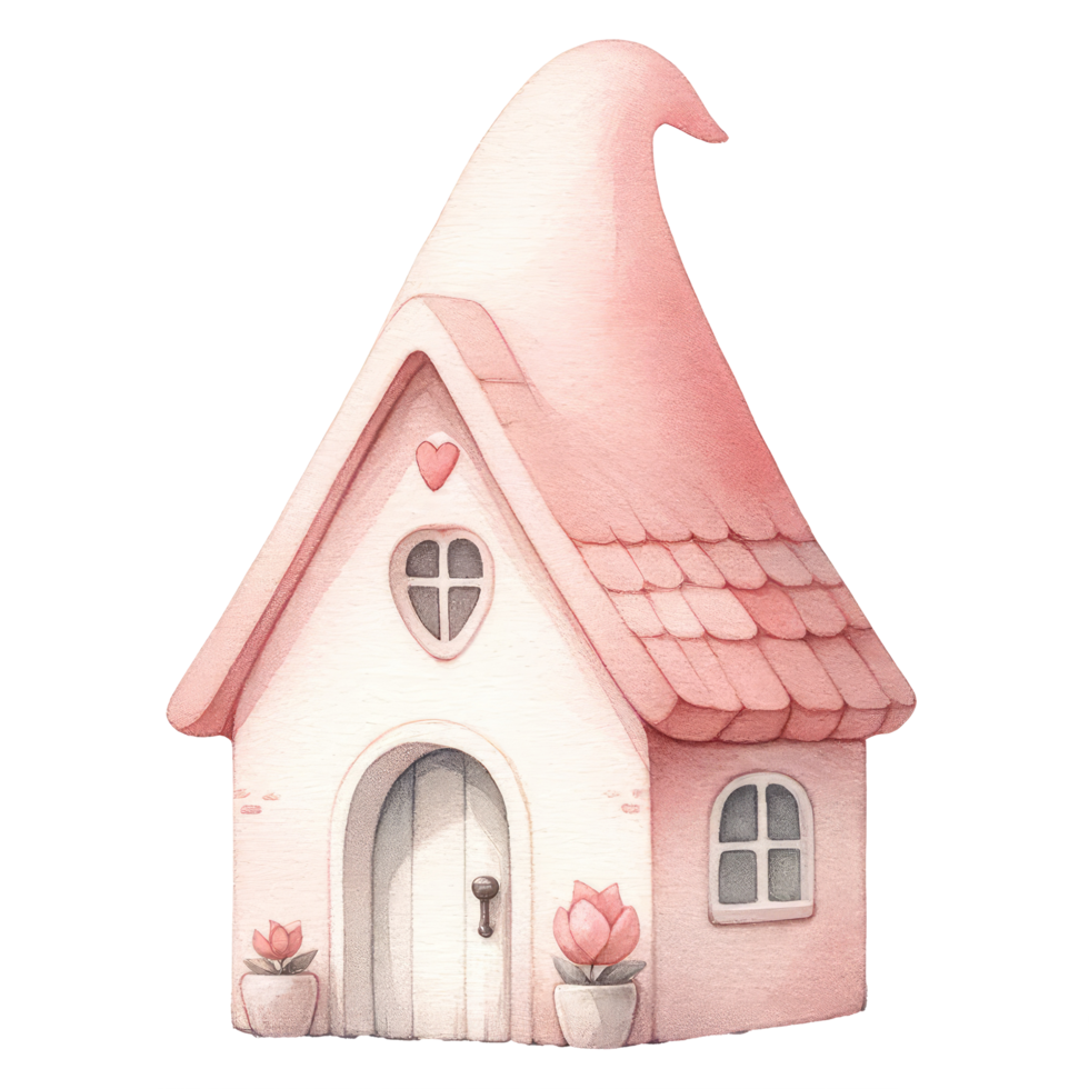 AI generated Watercolor illustration of an enchanting pink cottage adorned with love hearts, giving off a cozy, Valentine-themed vibe. png