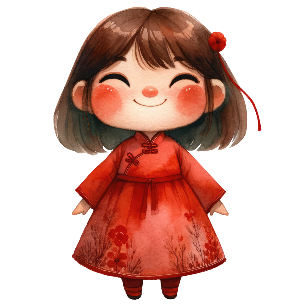 ai generado un encantador ilustración de un joven niña vestido en un tradicional rojo chino atuendo con intrincado patrones, celebrando cultural herencia. png