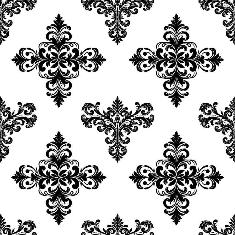Damask Fabric textile seamless pattern Luxury decorative  Ornamental floral divider Black line vintage decoration element white Background. Curtain, carpet, wallpaper, clothing, wrapping, textile vector