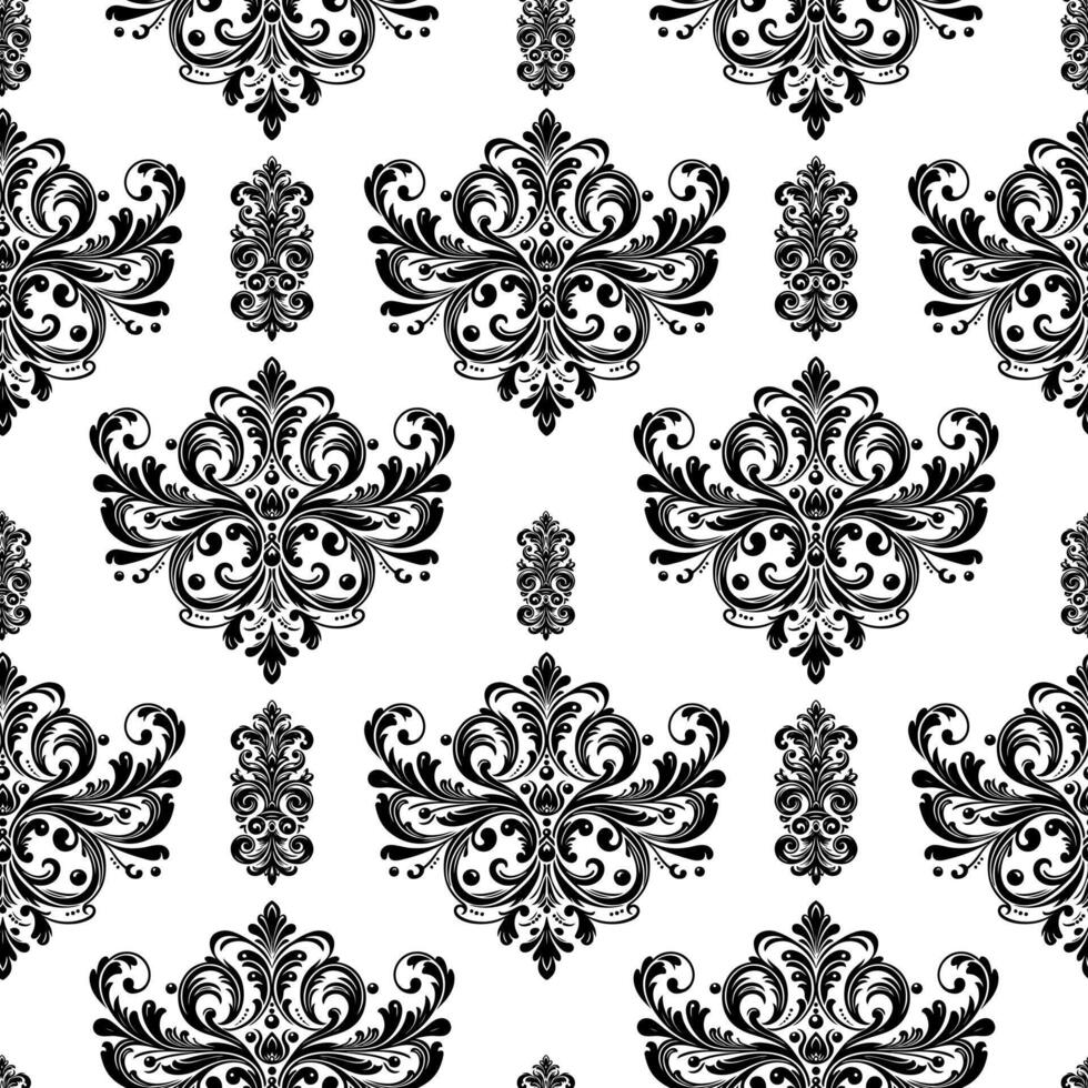 AI generated Damask Fabric textile seamless pattern Luxury decorative  Ornamental floral divider Black line vintage decoration element white Background vector